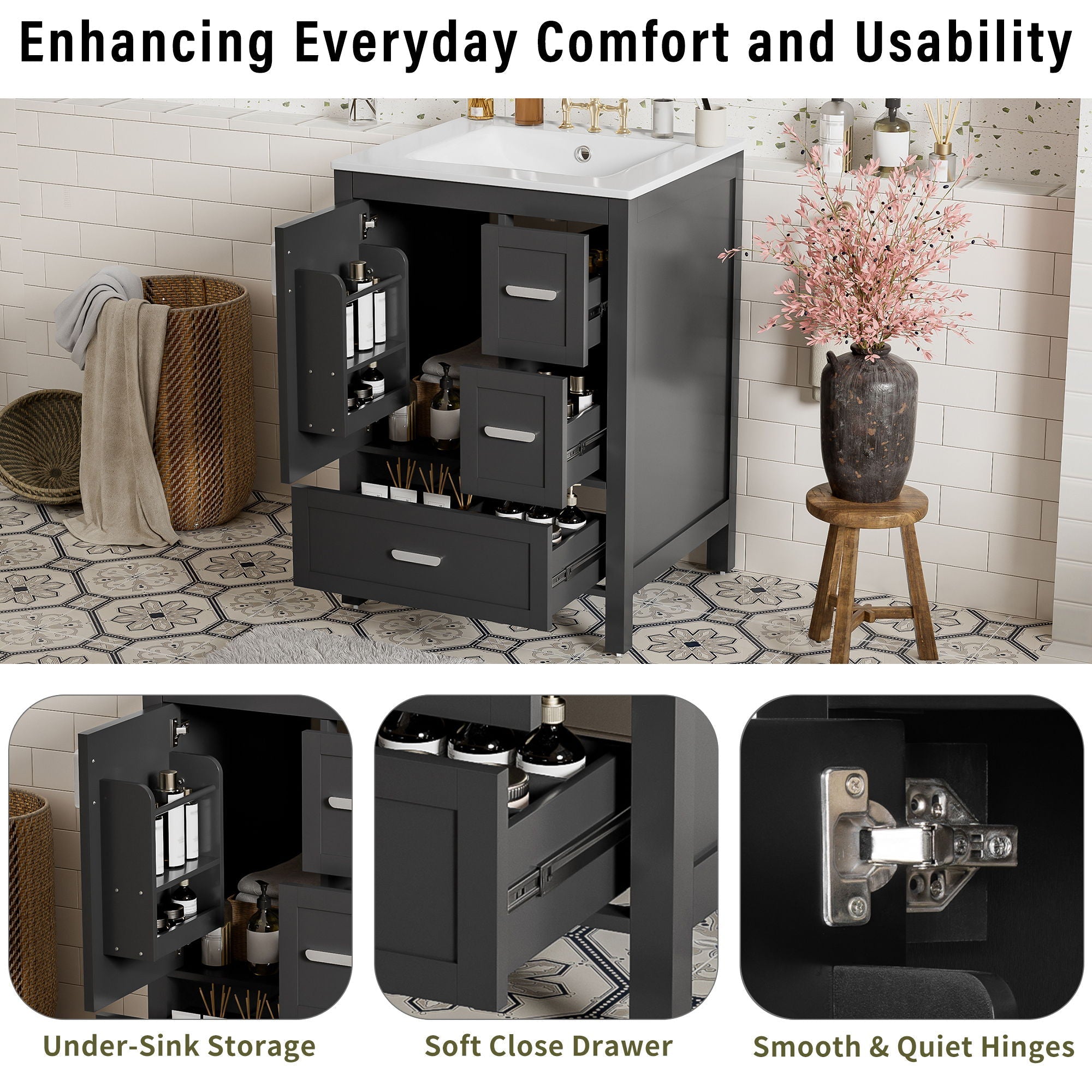 Bathroom Vanity With Sink, Soft-Close Doors, Double-Layer Shelf And 3 Drawers
