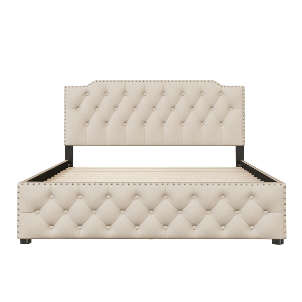 Upholstered Platform Bed With 2 Drawers And 2 Sets Of USB Ports On Each Side, Fabric