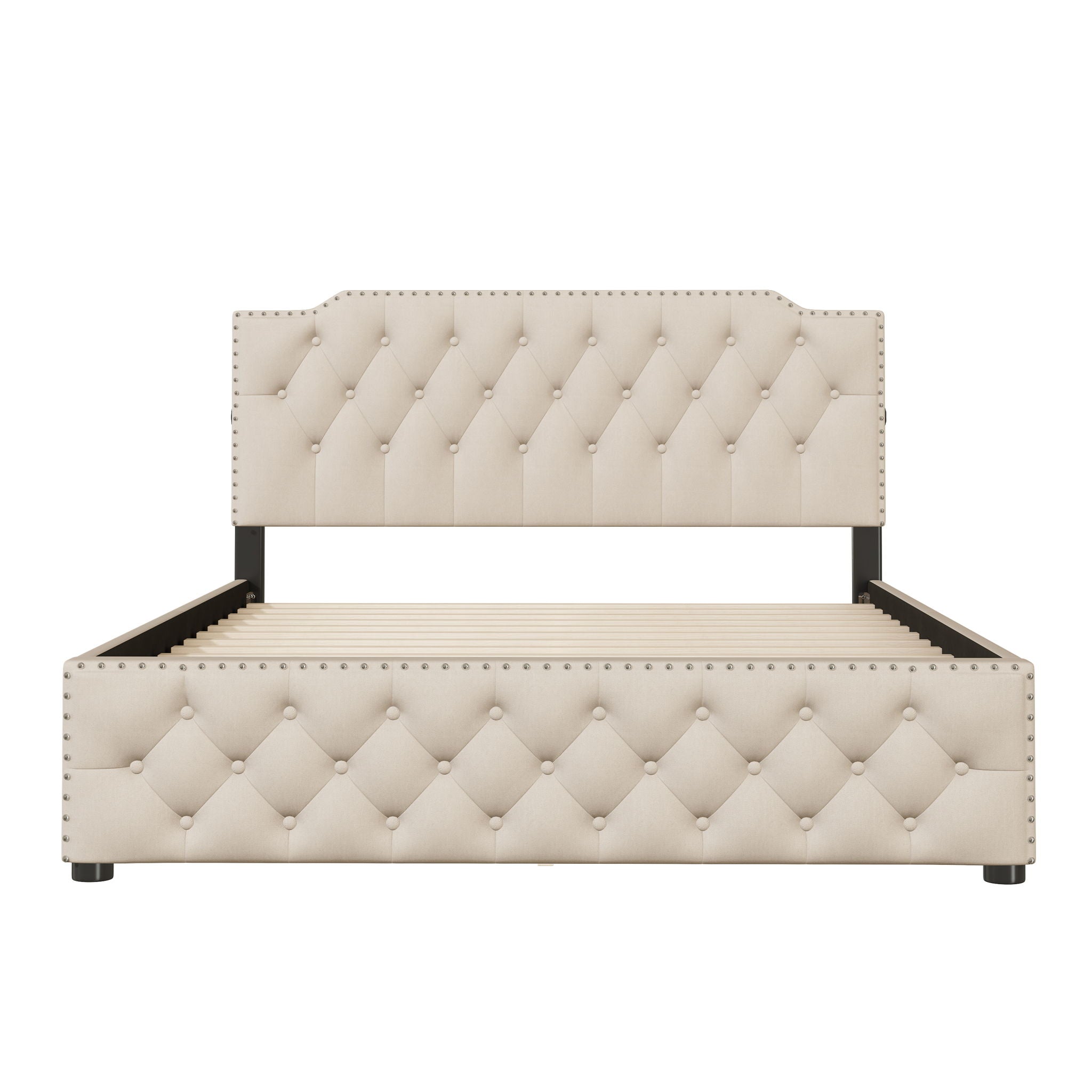 Upholstered Platform Bed With 2 Drawers And 2 Sets Of USB Ports On Each Side, Fabric