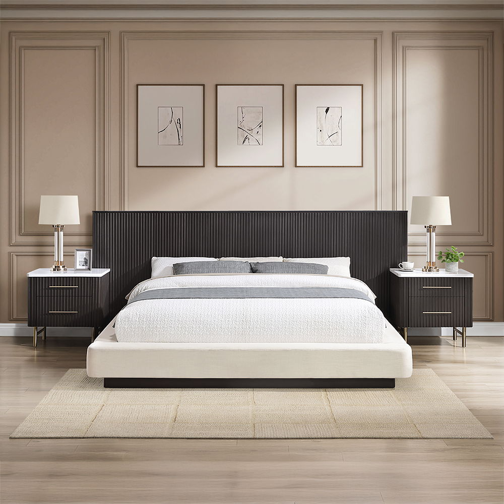 Clayten - Eastern King Bed - Beige Linen & Espresso