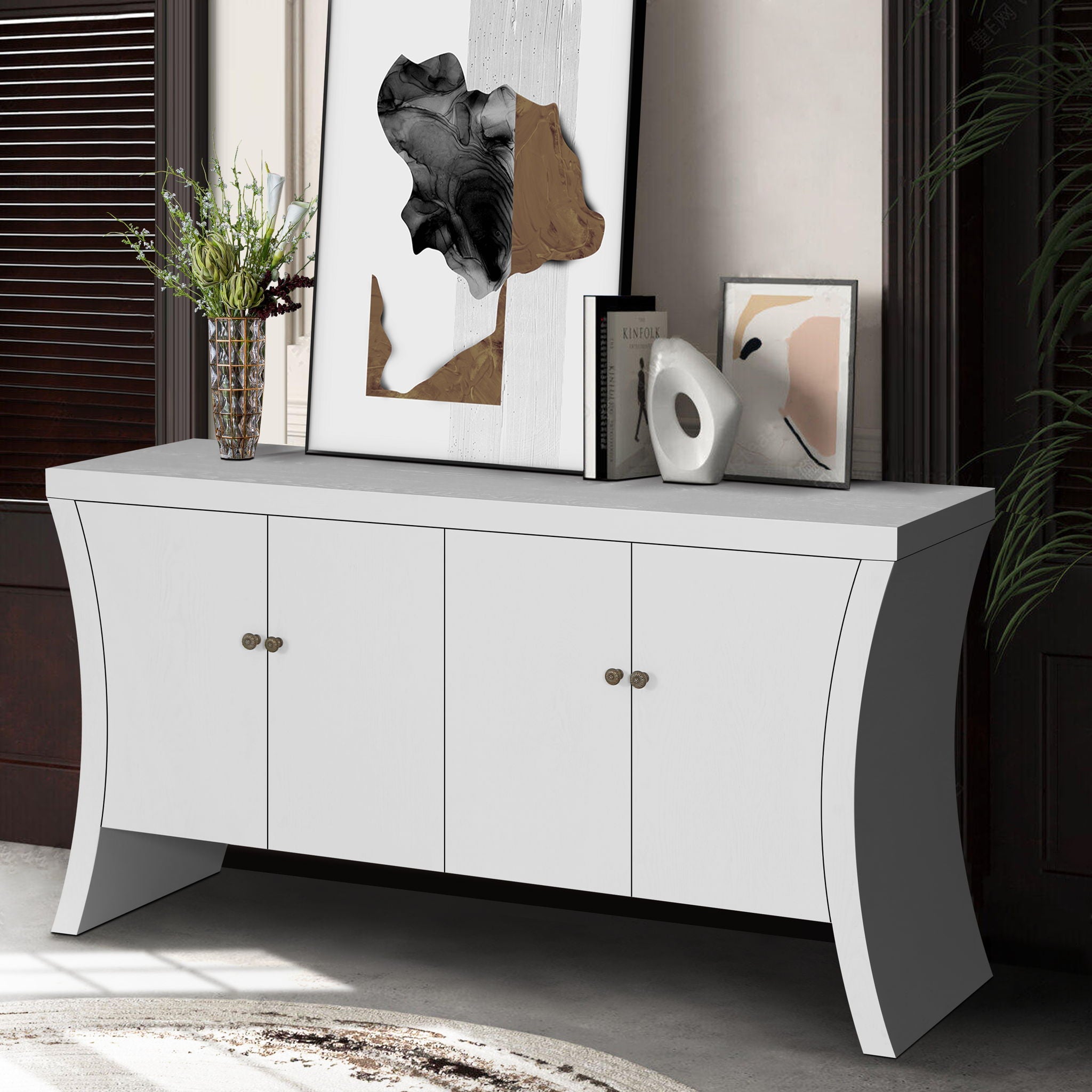 Refined Industrial 4 Door Credenza With Arc Legs & Clasps