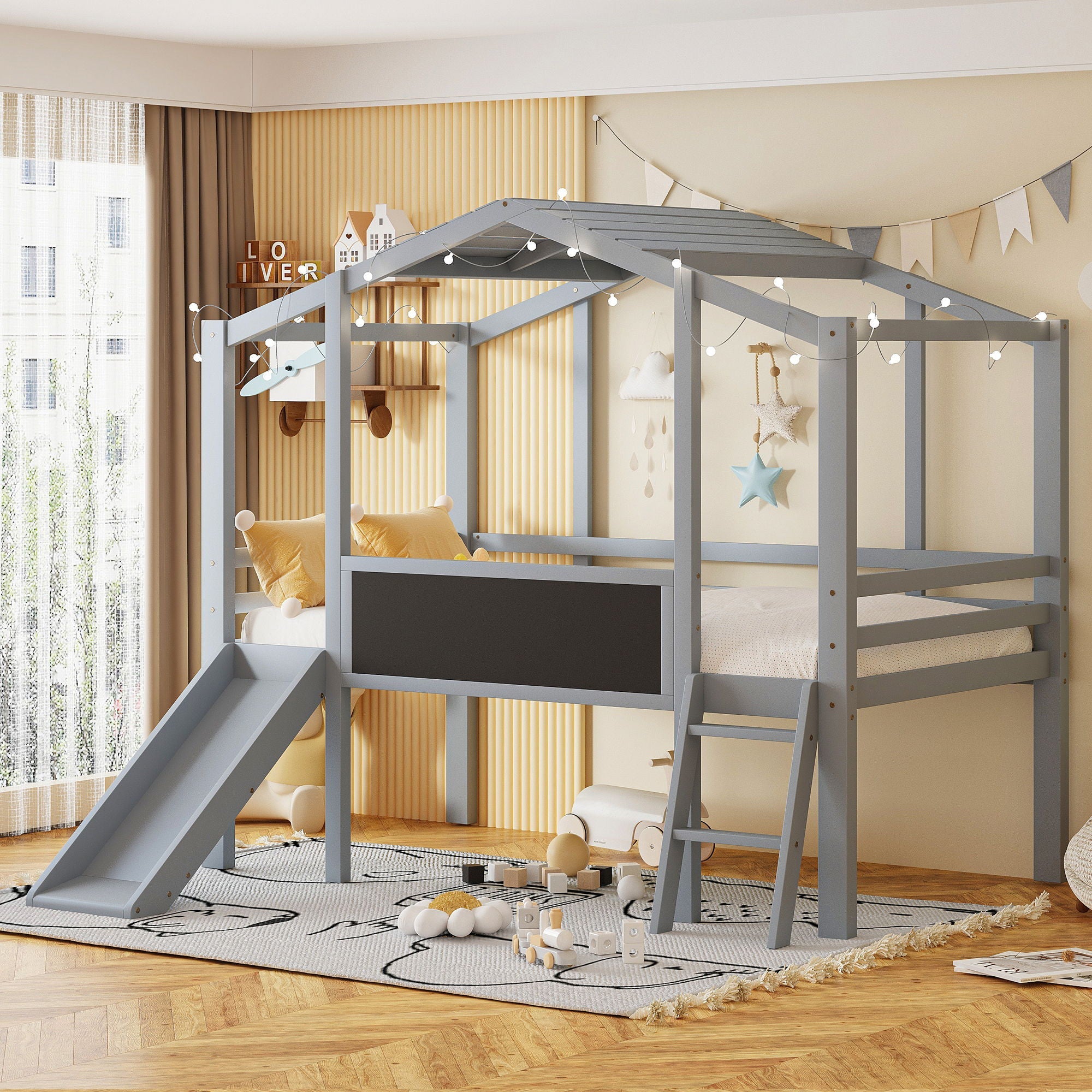 Loft House Bed With Ladder And Slide, With board And Light Strip On The Roof
