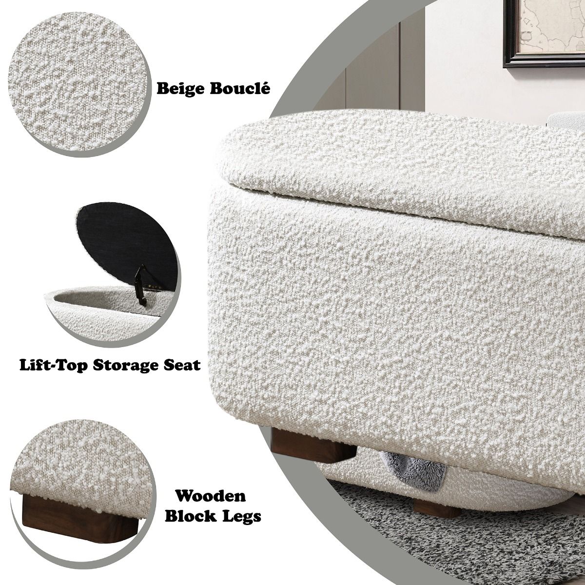 Sandro - Bench With Storage - Beige Boucle & Walnut