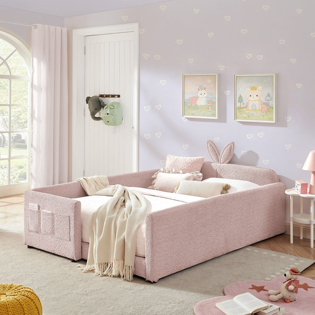 Cute Rabbit Ear Upholstered Platform Bed Frame With Safety Rail