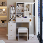 Cabinet Vanity Table & Cushioned Stool, USB Power Station, Hair Dryer Bracket - White
