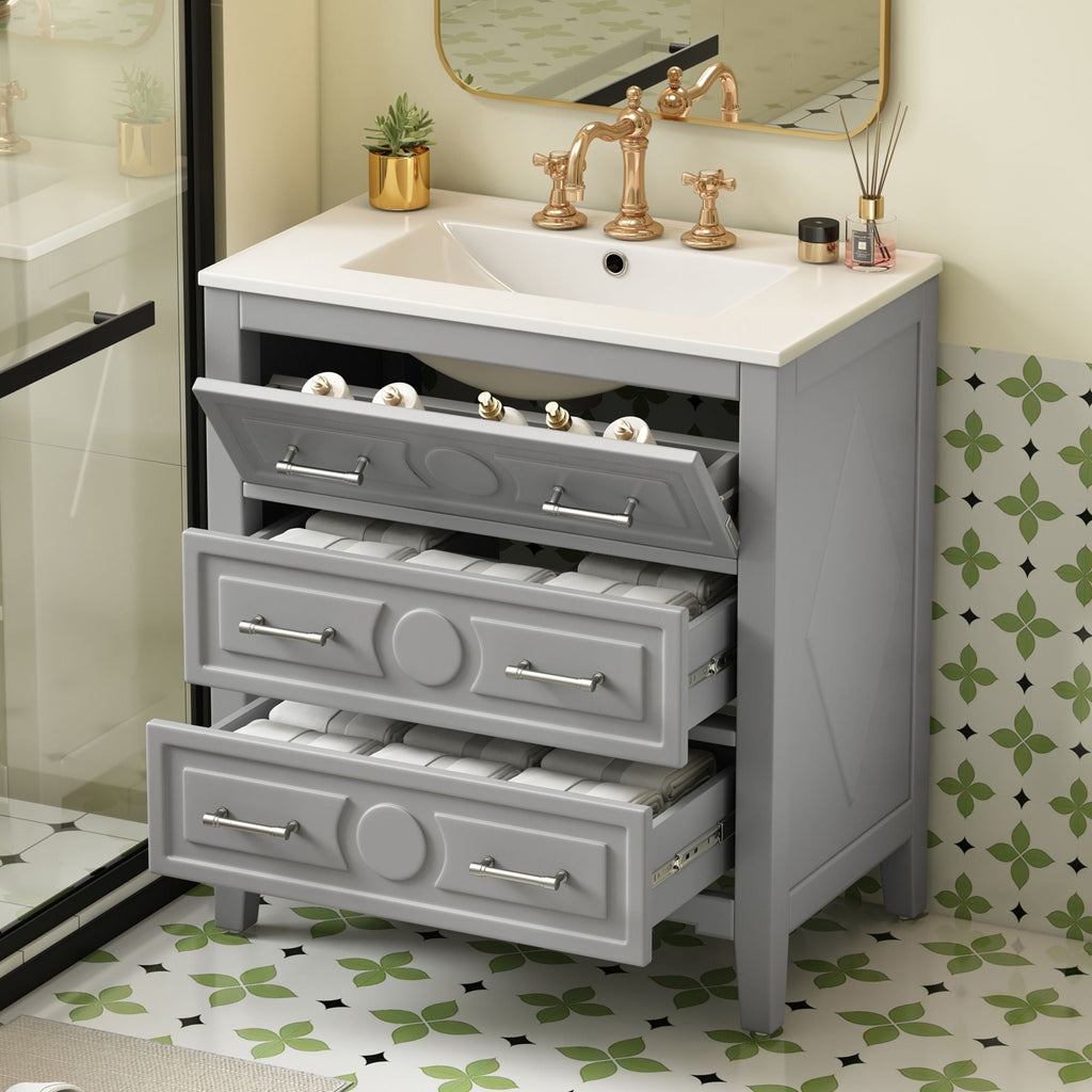 Retro Bathroom Vanity With Sink Combo, Free Standing Single Set With 3 Drawers