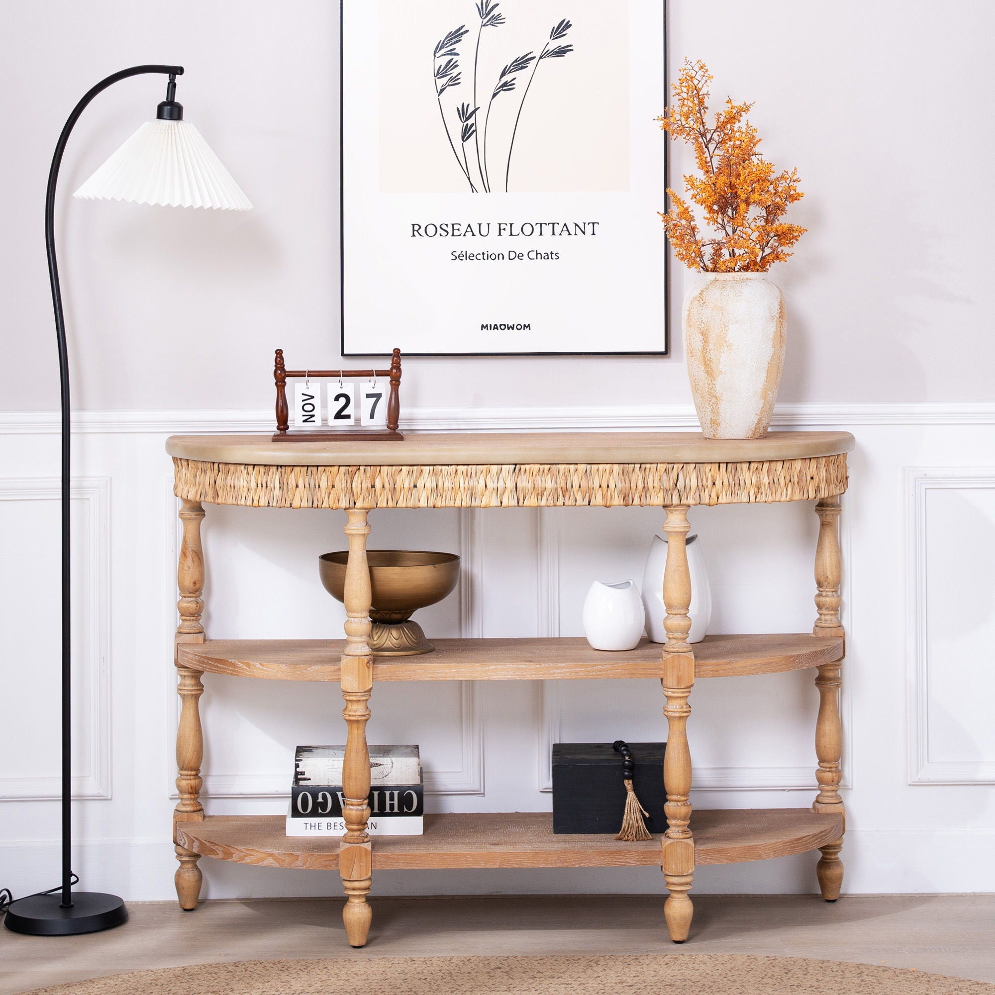 Handcrafted Console Table With Hand Woven Trim, 3 Tier Storage Shelves - Natural