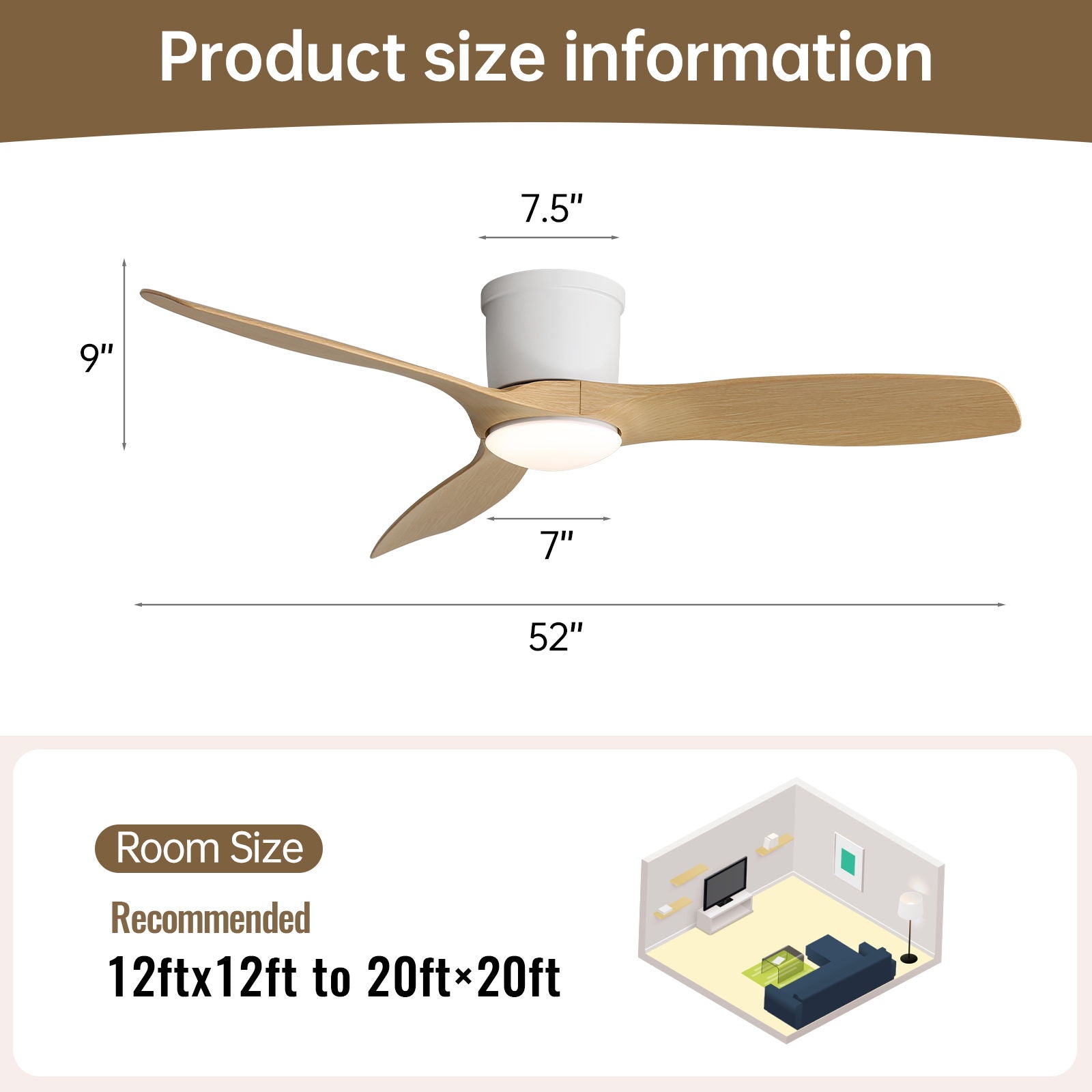 Flush Mount Ceiling Fan With Dimmable LED Light, 3 Blades, Reversible DC Motor Blades For Living Room