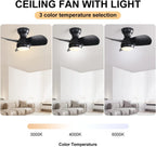 23" Bedroom Ceiling Fan With 3 Color Dimmable 3 ABS Blades Remote Control Dc Motor With 18W Led Light