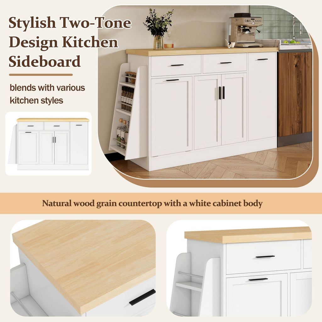 Kitchen Sideboard With Sliding Door Cabinet, 3 Tier Spice Rack