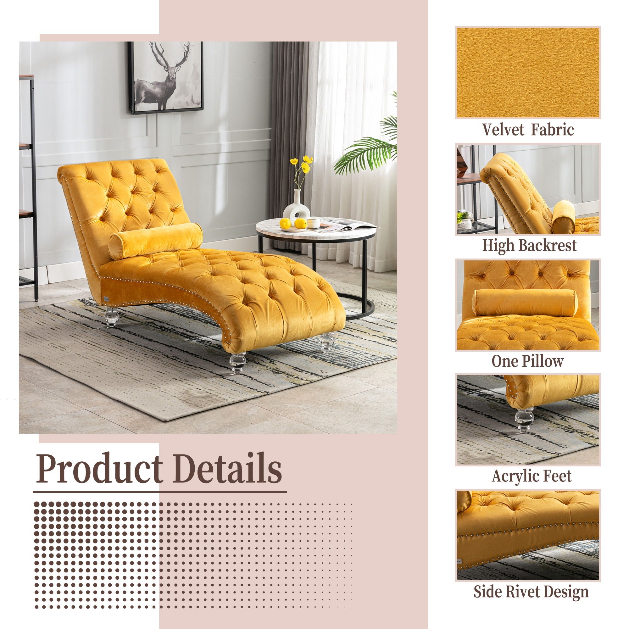 Chaise Lounge Indoor, Button Tufted Upholstered Chaise Lounge Chair With Pillow