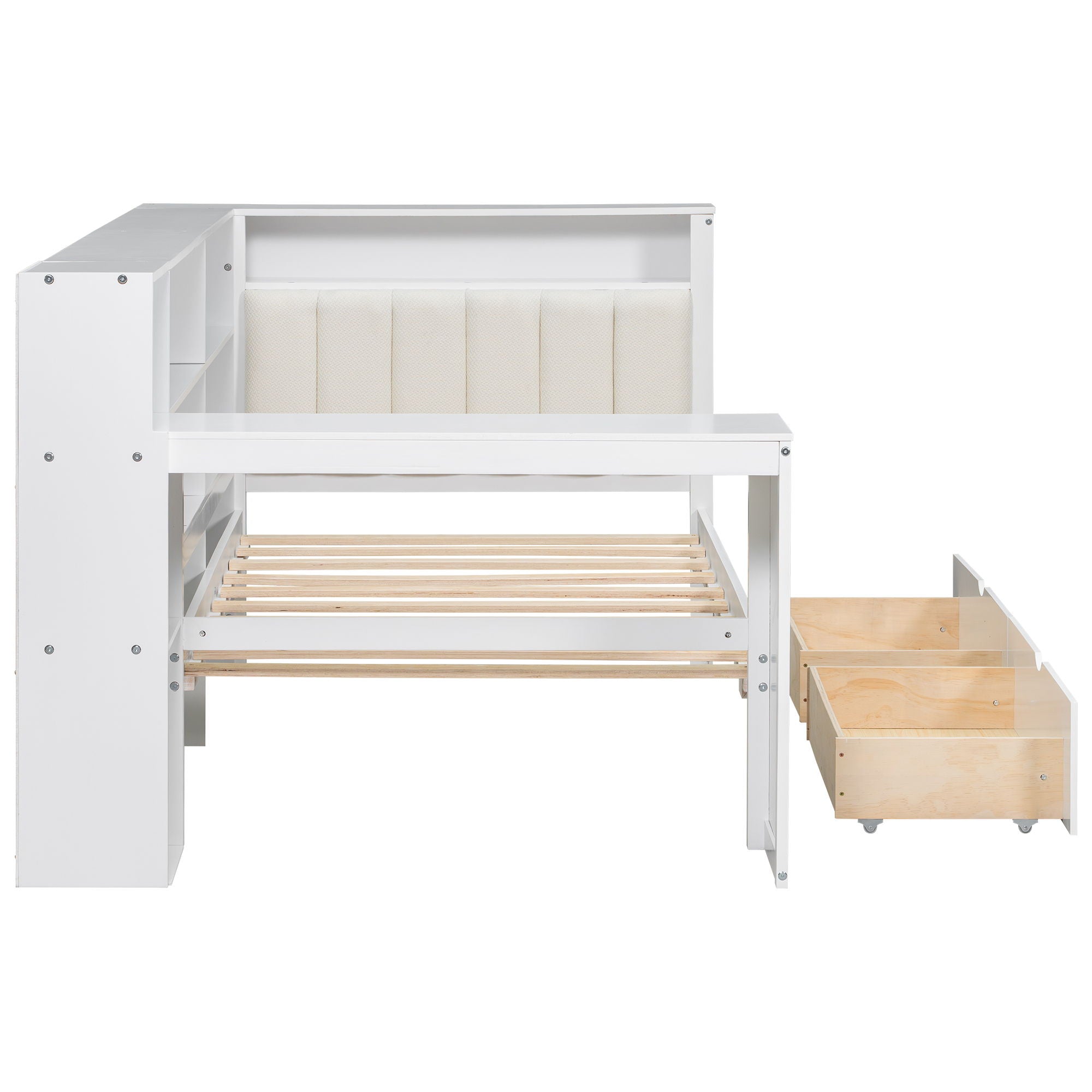 Platform Bed With Upholstered Headboard, Storage Shelves, Drawers, Charging Station, LED Lighting, Built In Desk