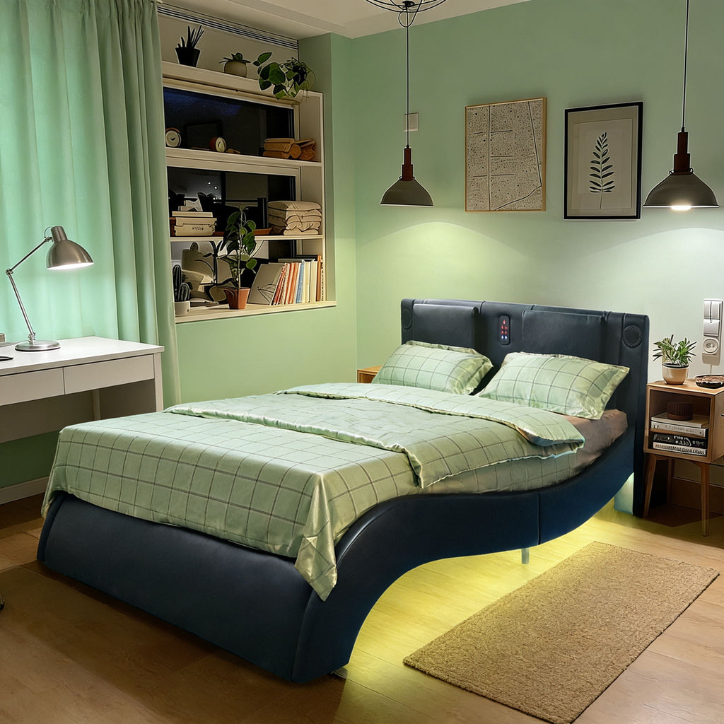 Platform Bed Frame With LED Lighting, tooth Music, Vibration Massage