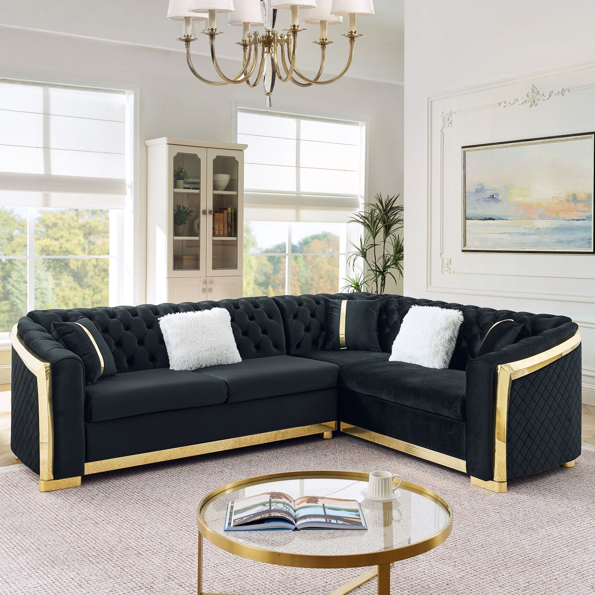 L Shaped Chesterfield Sectional Sofa With Stainless Steel Accents