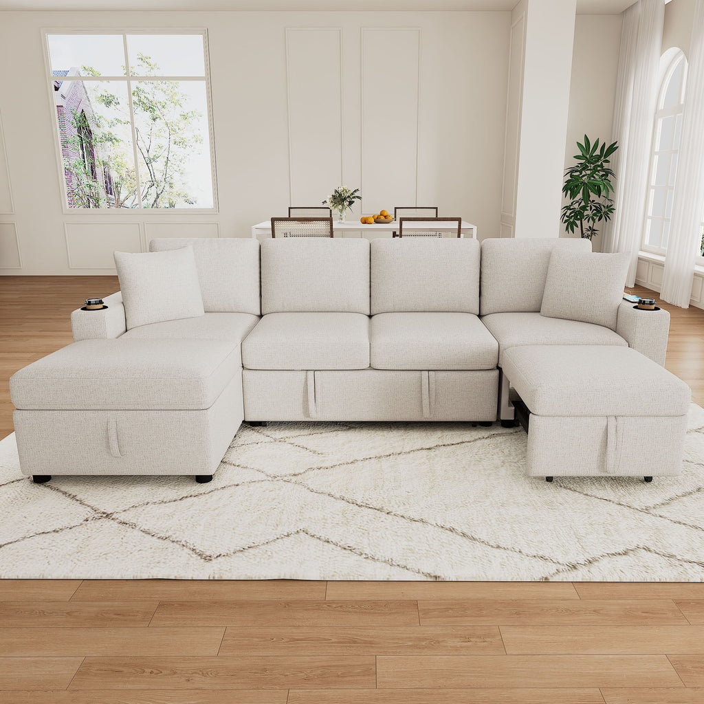 Sectional Sofa Convertible Pull-Out Bed With Storage Ottoman & USB Ports