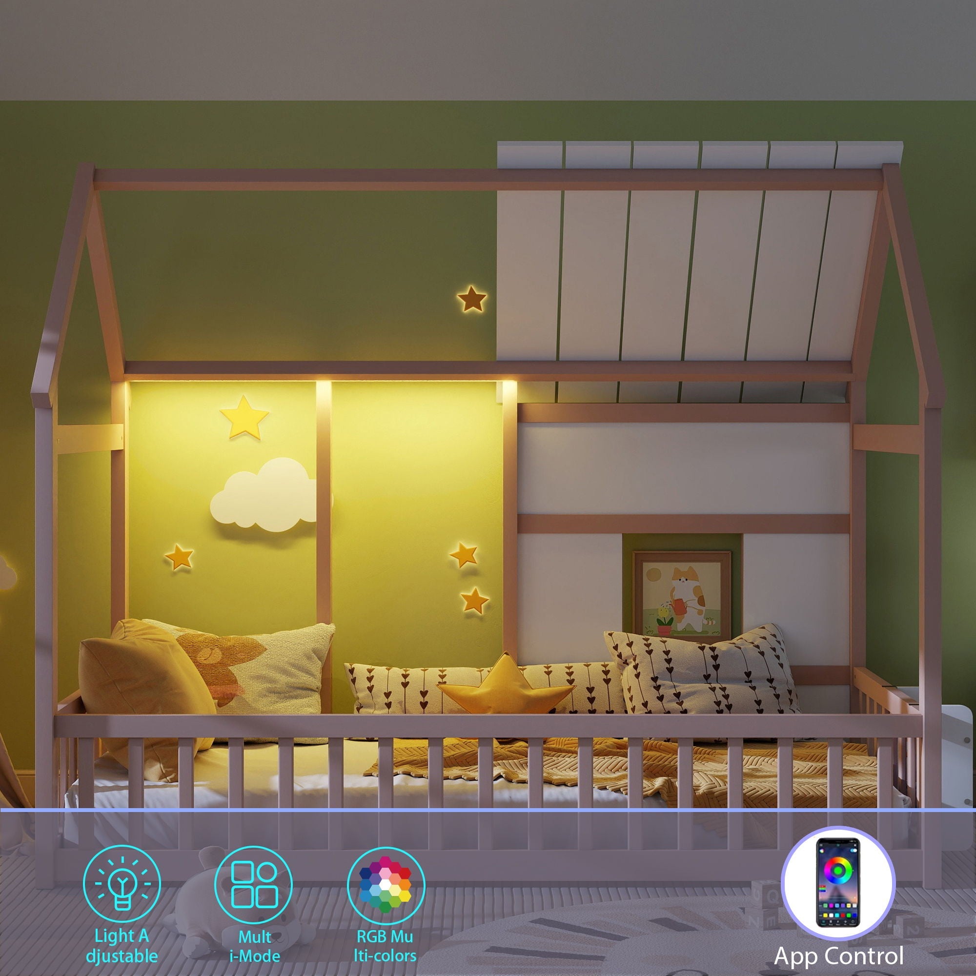 House Floor Bed With 7 Color LED Light, Built In Bookshelf