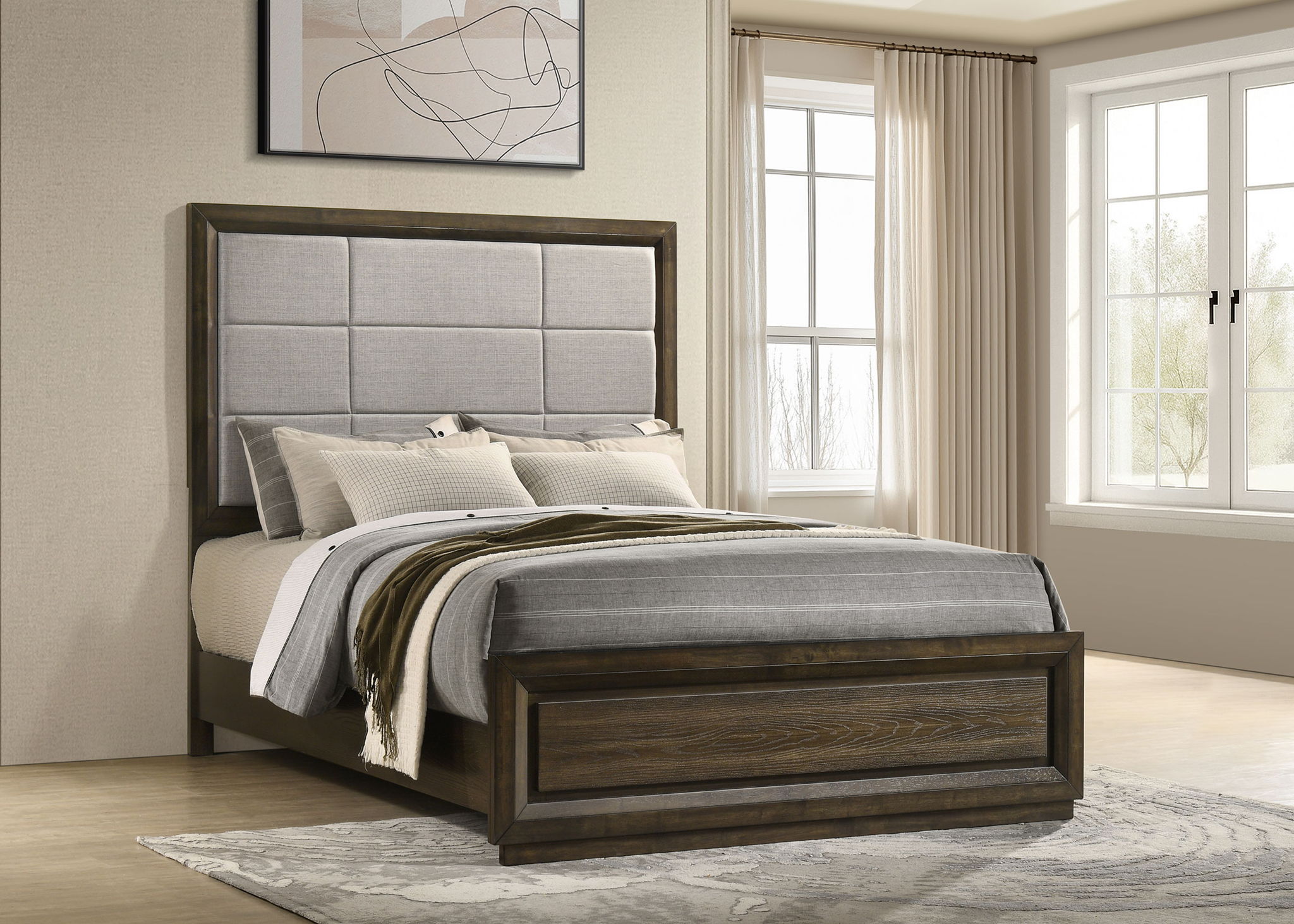 Atlas 64-inch Queen Upholstered Panel Bed Grey and Dark Oak
