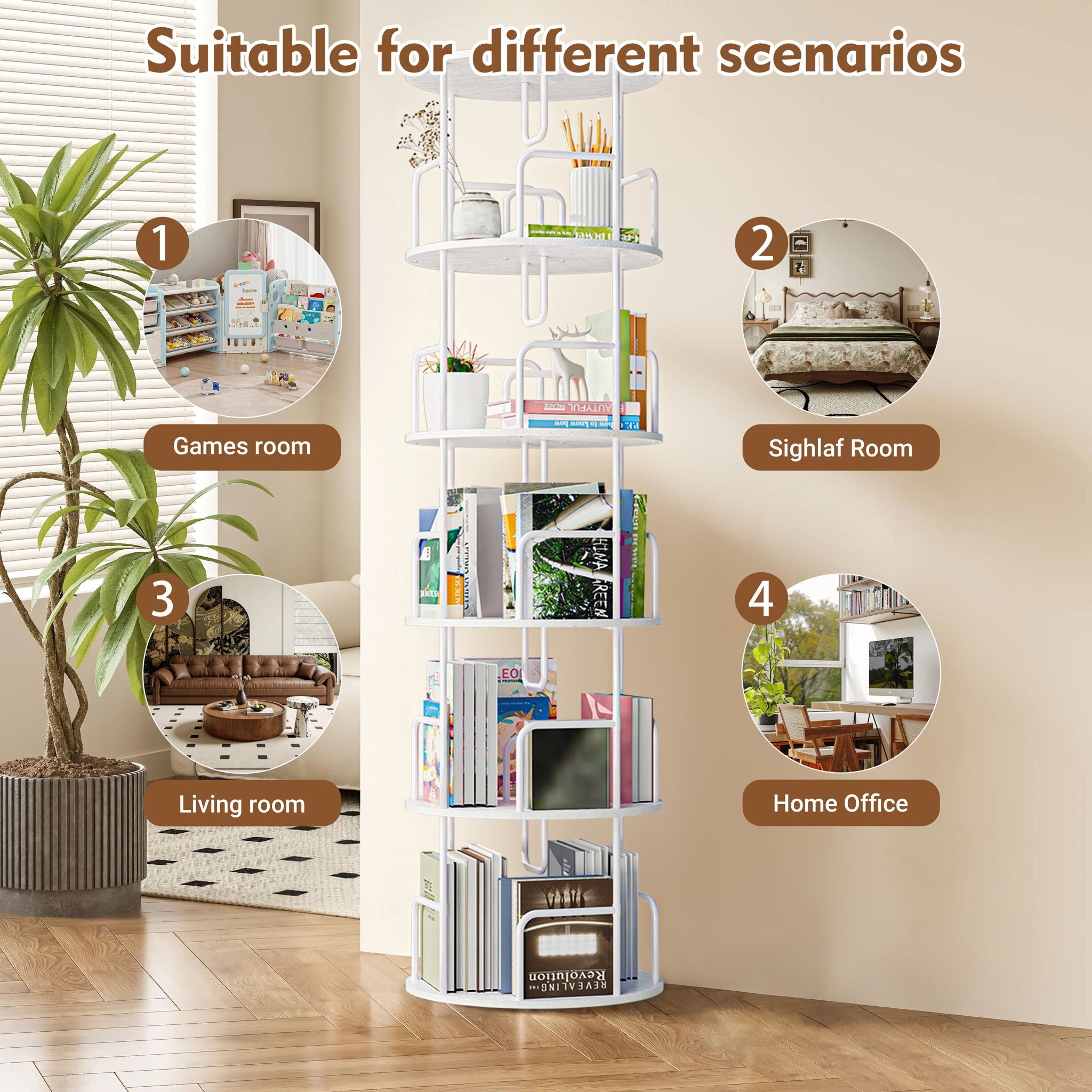 Rotating Bookshelf Tower 5 Tier Spinning 360 Degree Revolving Storage Shelf