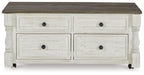 Havalance - Lift Top Cocktail Table with Storage Drawers - White / Gray