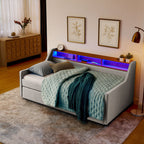 Upholstered Sofa Bed With LED Lights, Storage Headboard, Foldable Trundle & Wireless Charging