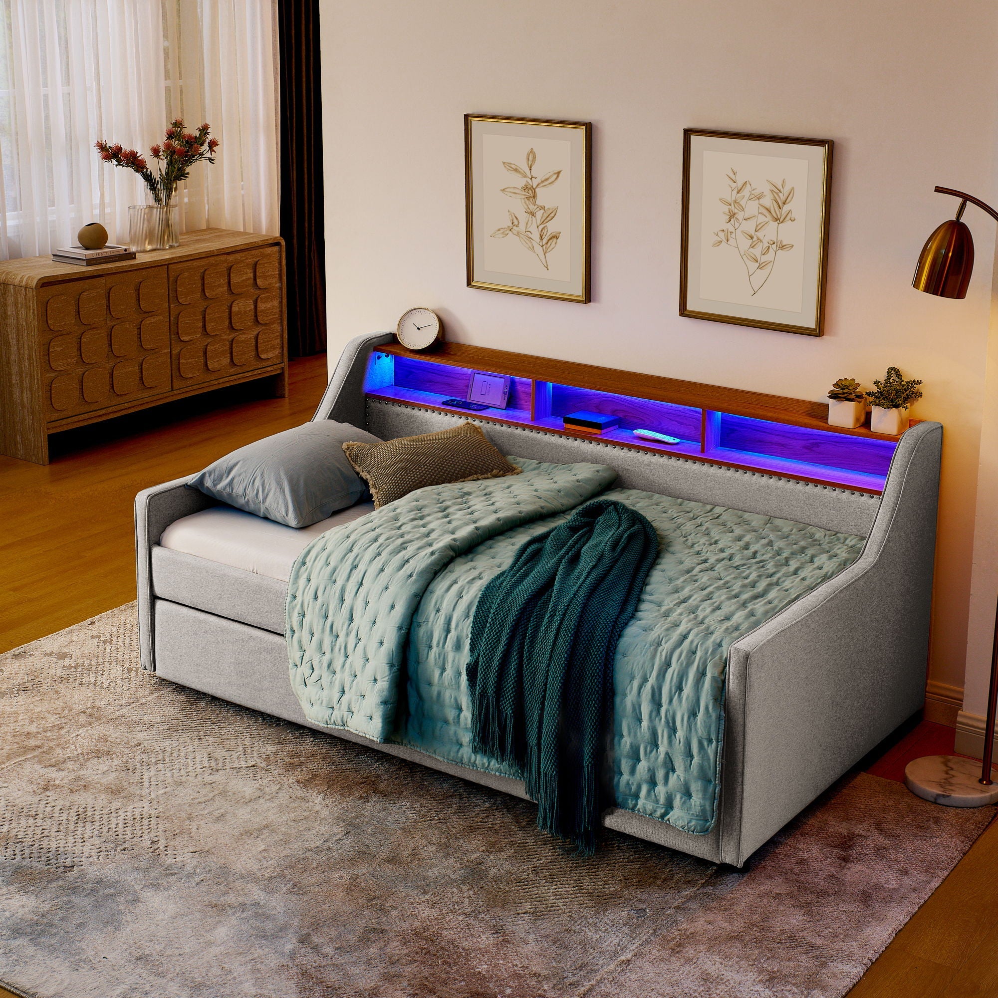 Upholstered Sofa Bed With LED Lights, Storage Headboard, Foldable Trundle & Wireless Charging