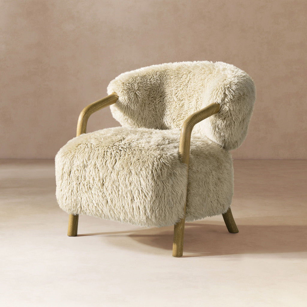 Becker - Rustic Oak Sheepskin Upholstered Accent Arm Chair - Taupe Beige