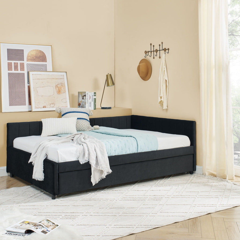 Full Size Upholstered Daybed With Trundle, Tufted Backrest And Armrests - Black