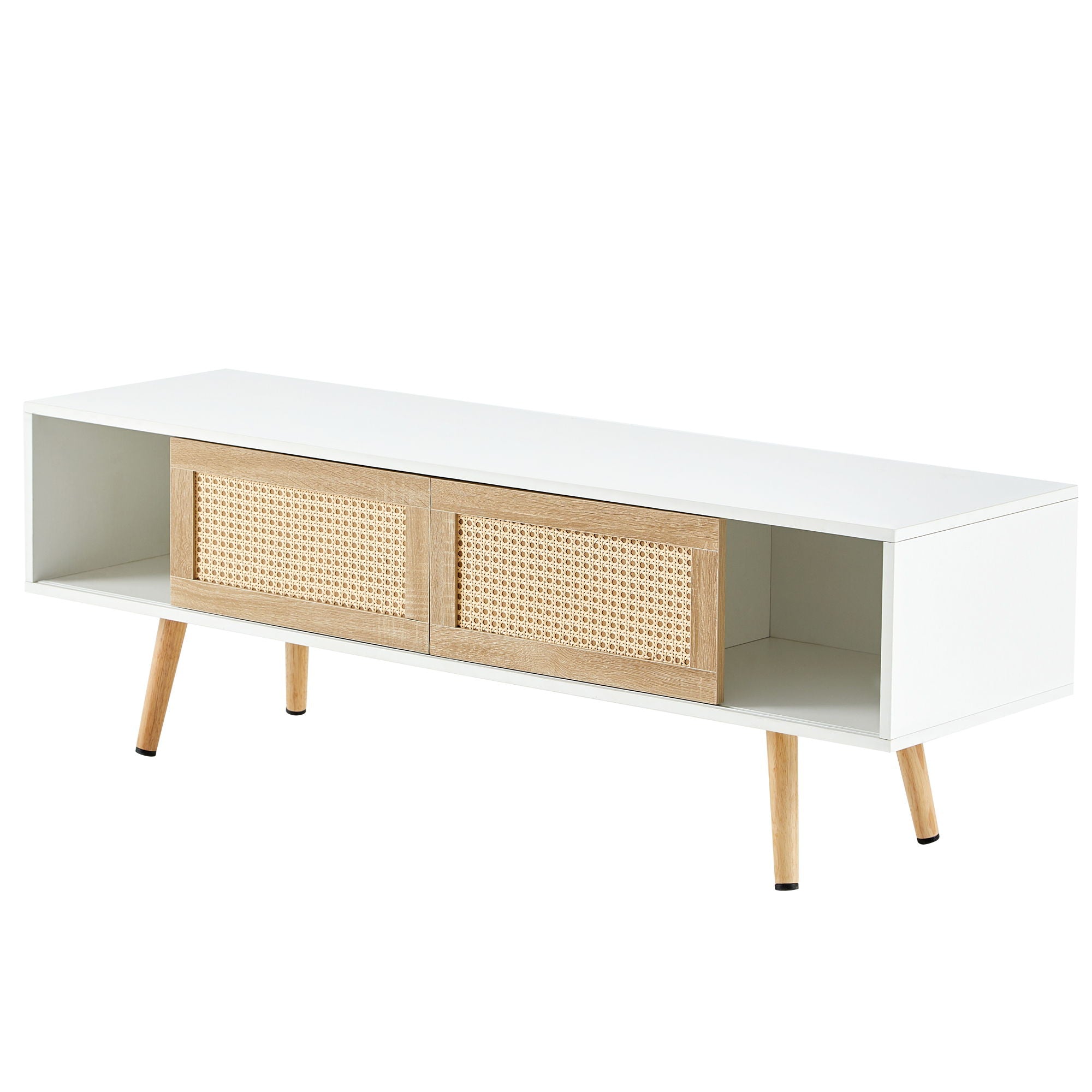 55.12" Rattan TV Cabinet, Double Sliding Doors For Storage, Adjustable Shelf, Solid Wood Legs, TV Console For Living Room