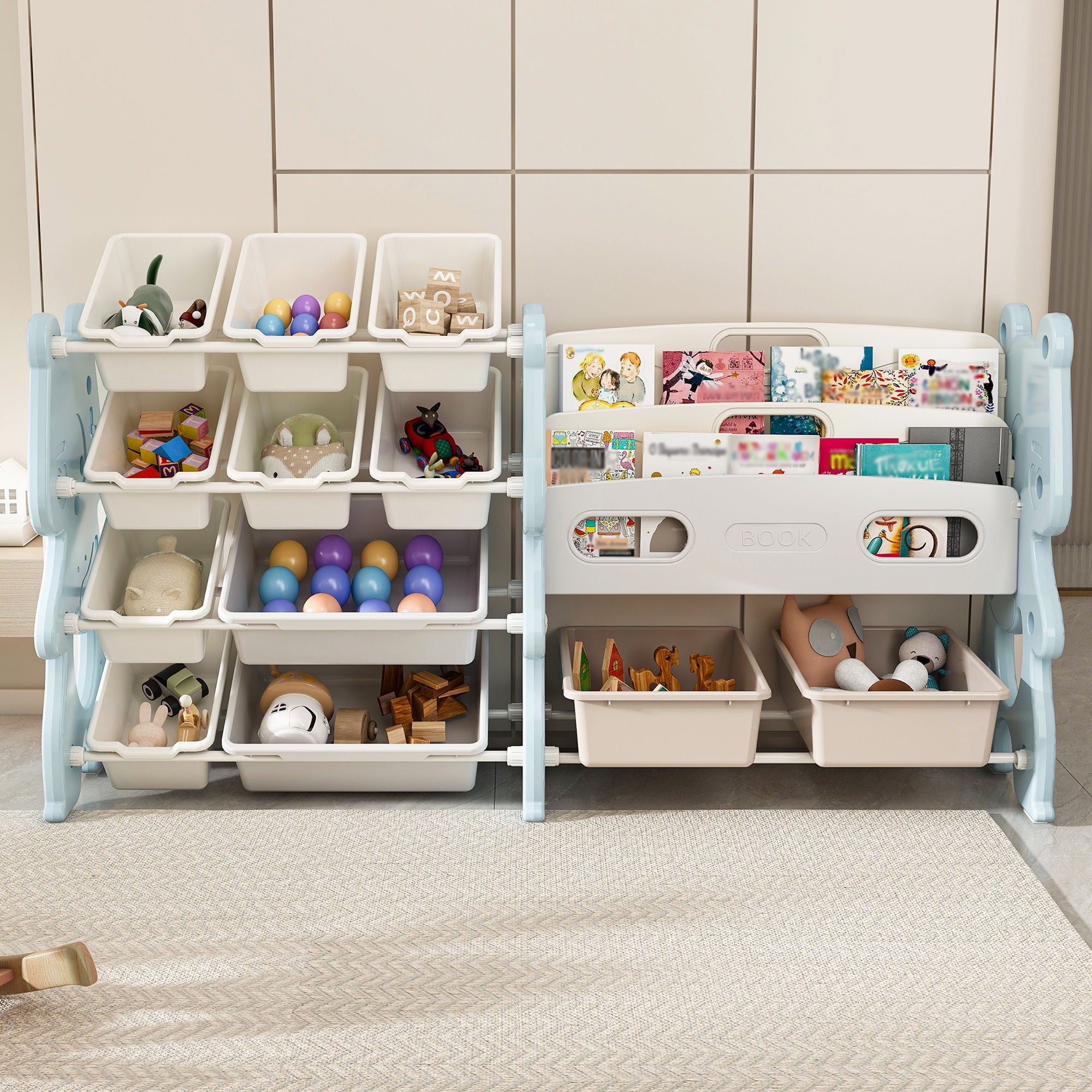 Kids Toy Storage Organizer With 2 Tier Bookshelf, Toy Storage With 12 Bins