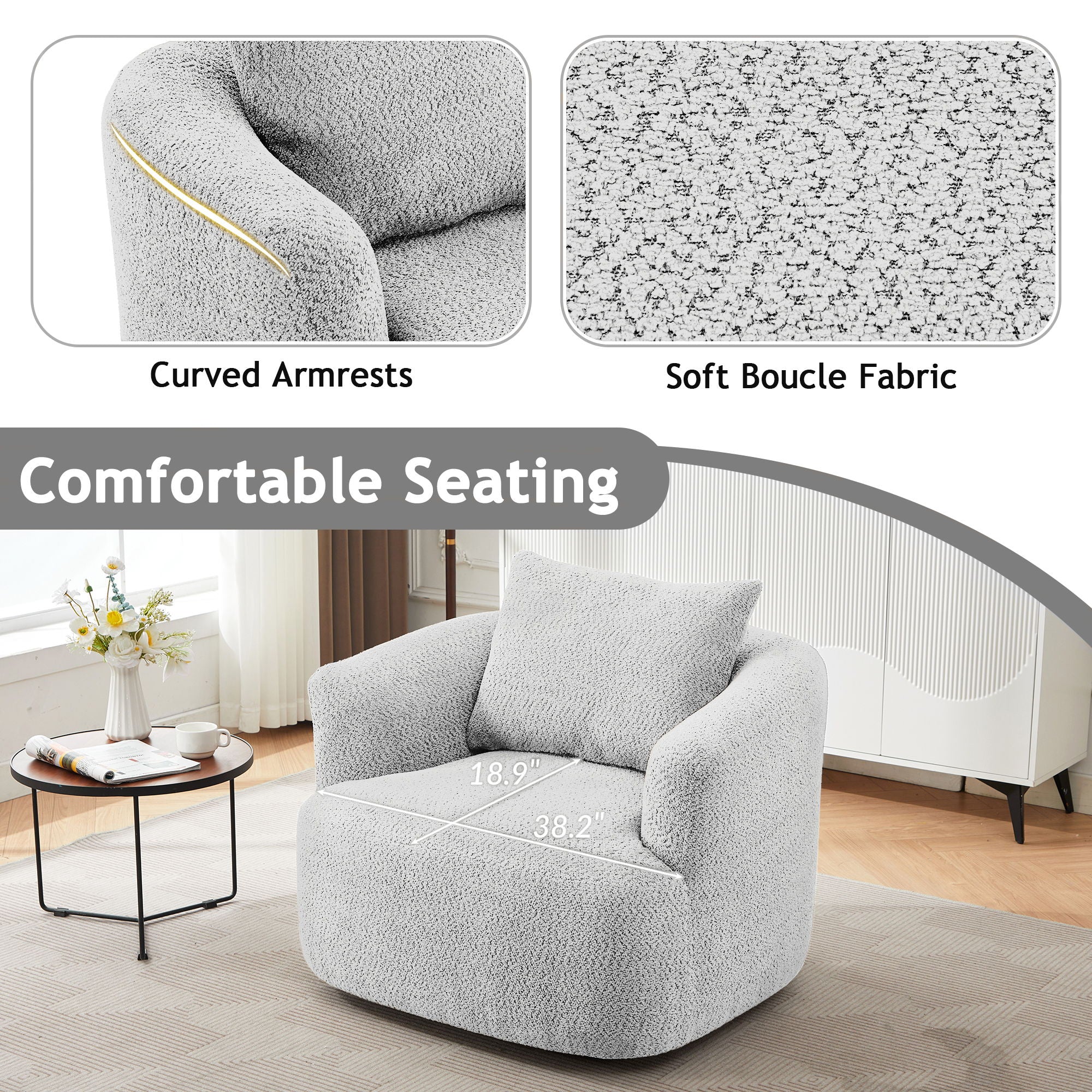 360° Swivel Barrel Sofa Chair With Throw Pillow, Upholstered Accent Chair