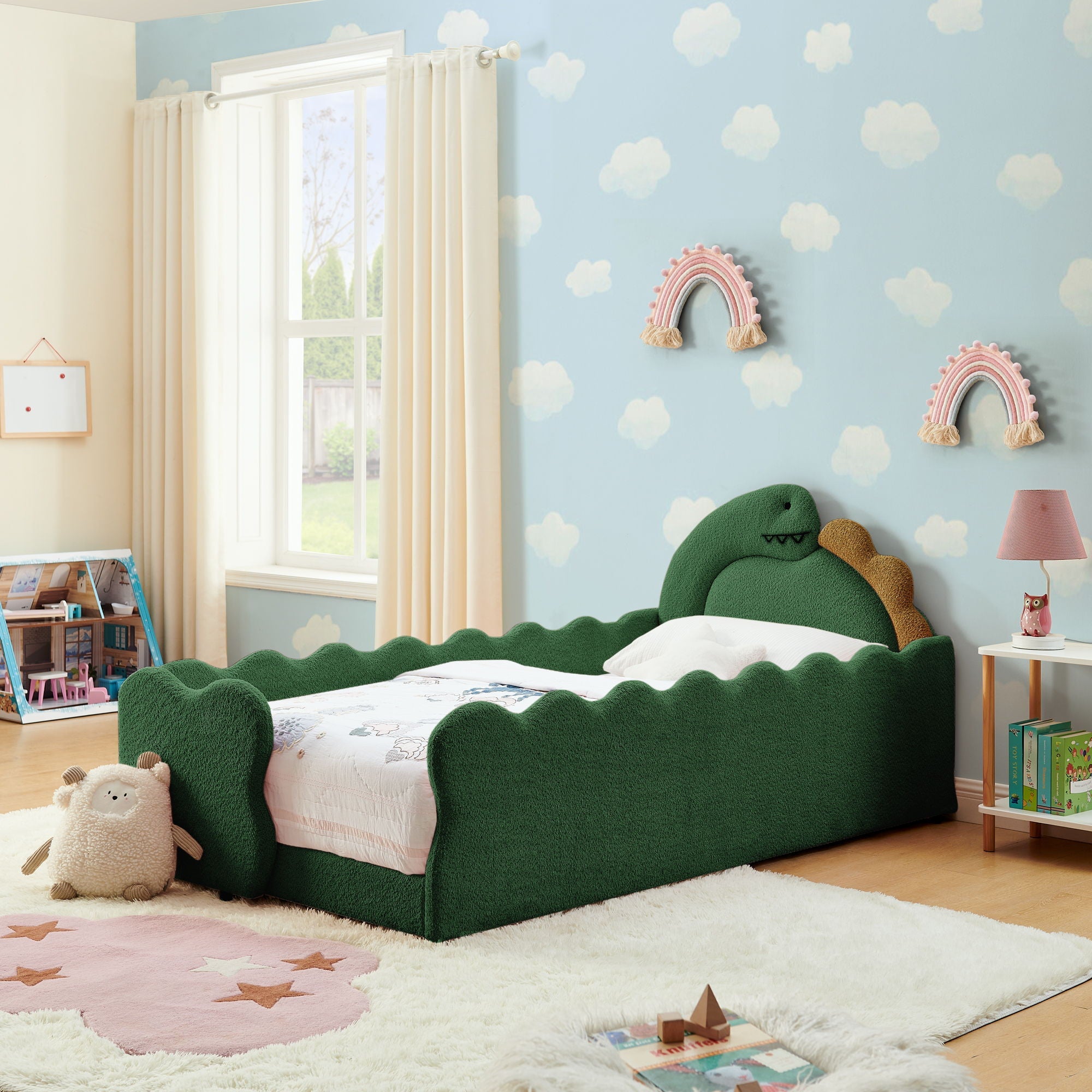 Cute Dinosaur Shaped Bed With Safety Guardrail, Toddler Frame