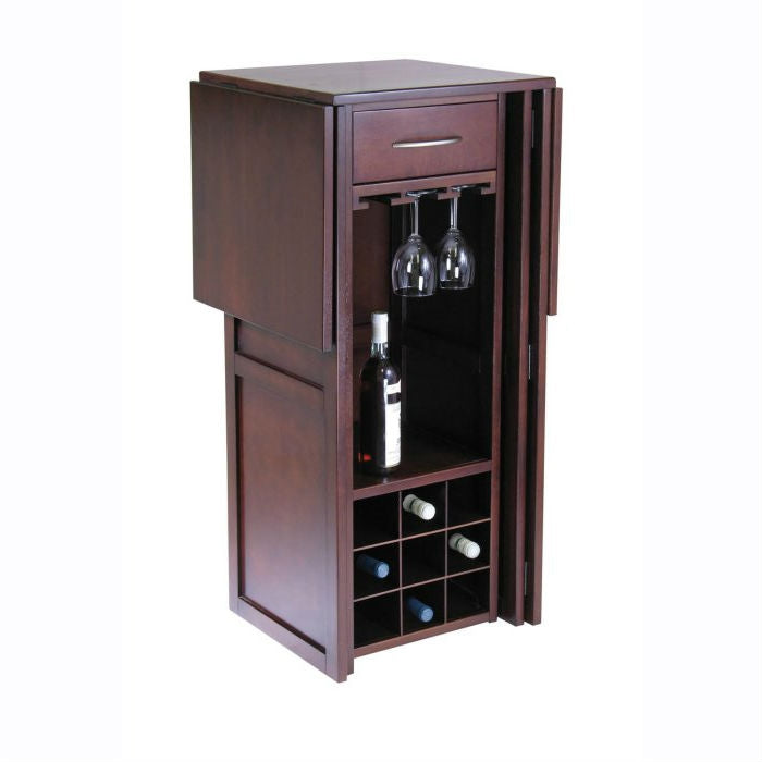 9 Bottle Walnut Wine Bottle Rack Mini Bar With Expandable Counter