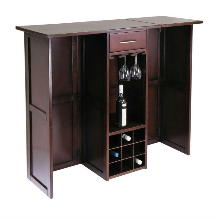 9 Bottle Walnut Wine Bottle Rack Mini Bar With Expandable Counter