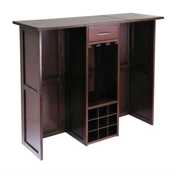 9 Bottle Walnut Wine Bottle Rack Mini Bar With Expandable Counter