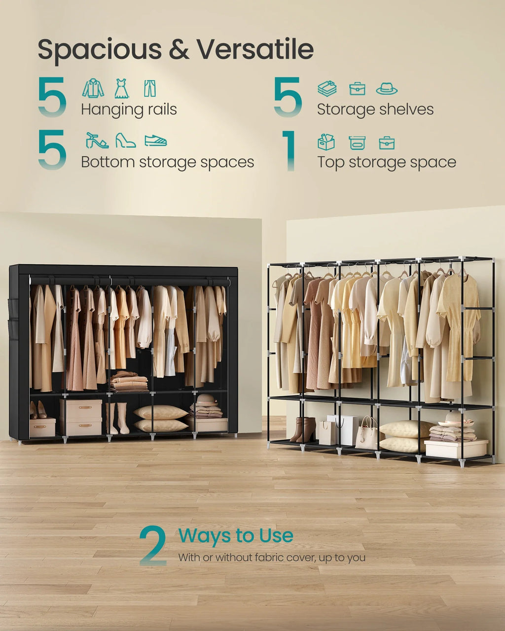 SONGMICS Portable Closet Organizer With Cover 5 Hanging Rods And Shelves