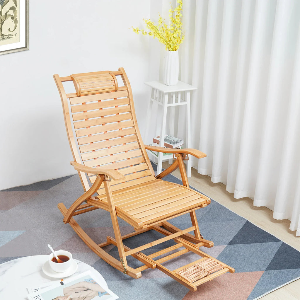 Heavy Duty Folding Rocking Chair Bamboo Indoor Outdoor Lounger
