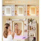 Glass Top Vanity Desk With LED Mirror And Wireless Charging
