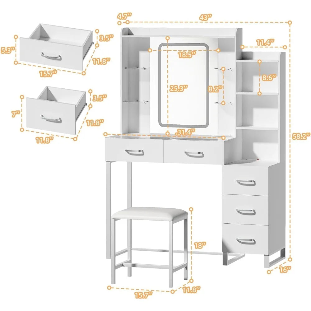 Glass Top Vanity Desk With LED Mirror And Wireless Charging