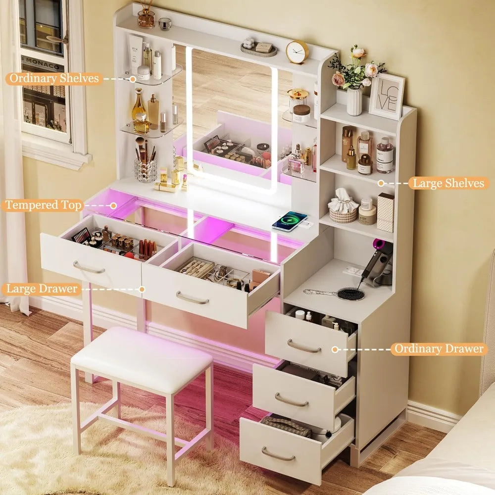 Glass Top Vanity Desk With LED Mirror And Wireless Charging