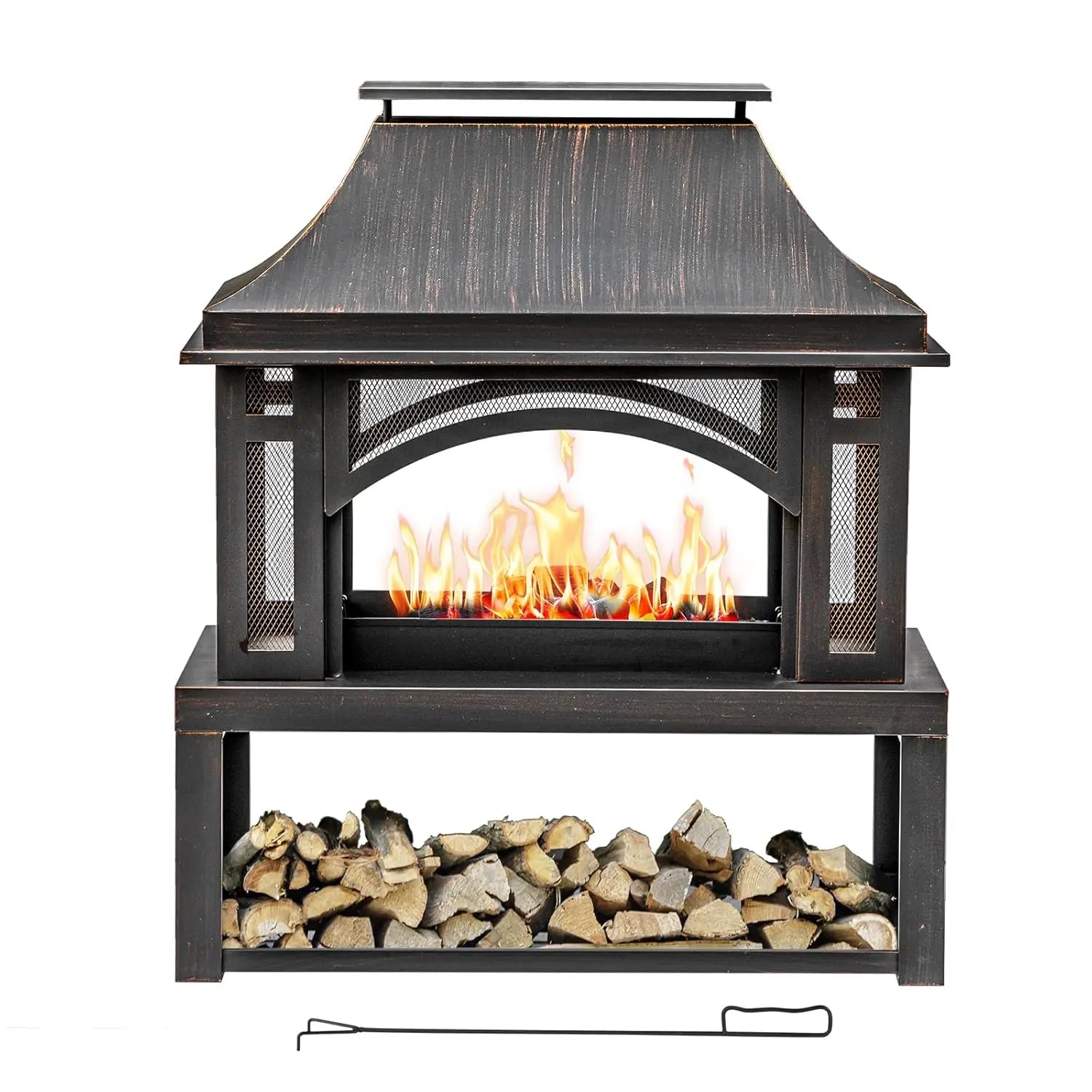 Wood Burning Outdoor Fireplace With Chimney And Spark Screen