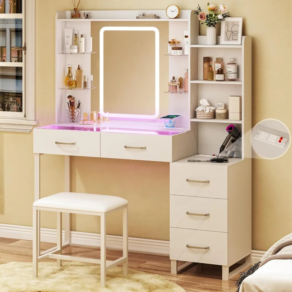 Glass Top Vanity Desk With LED Mirror And Wireless Charging