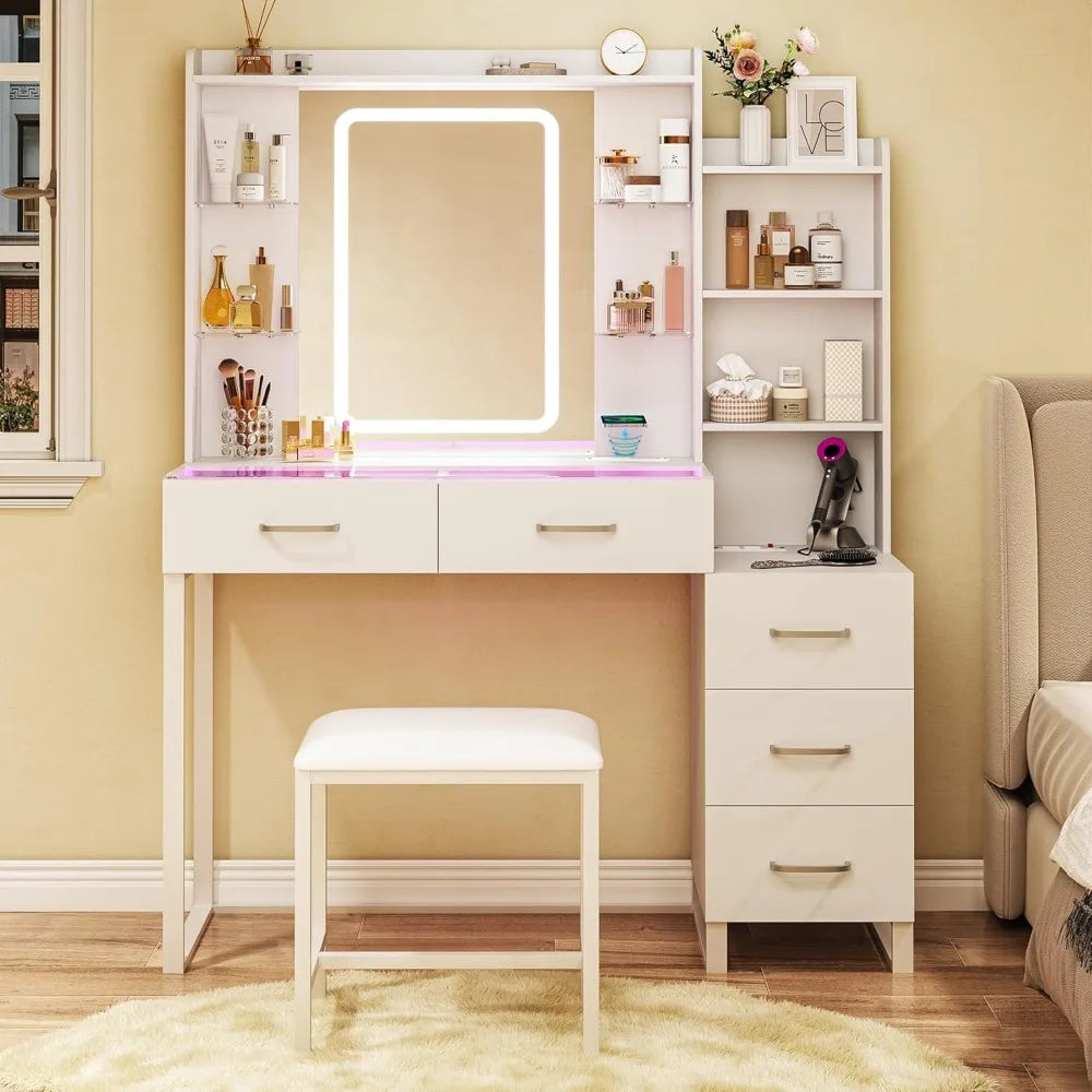 Glass Top Vanity Desk With LED Mirror And Wireless Charging