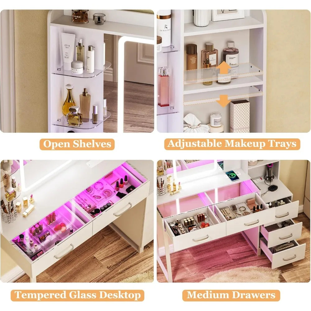 Glass Top Vanity Desk With LED Mirror And Wireless Charging