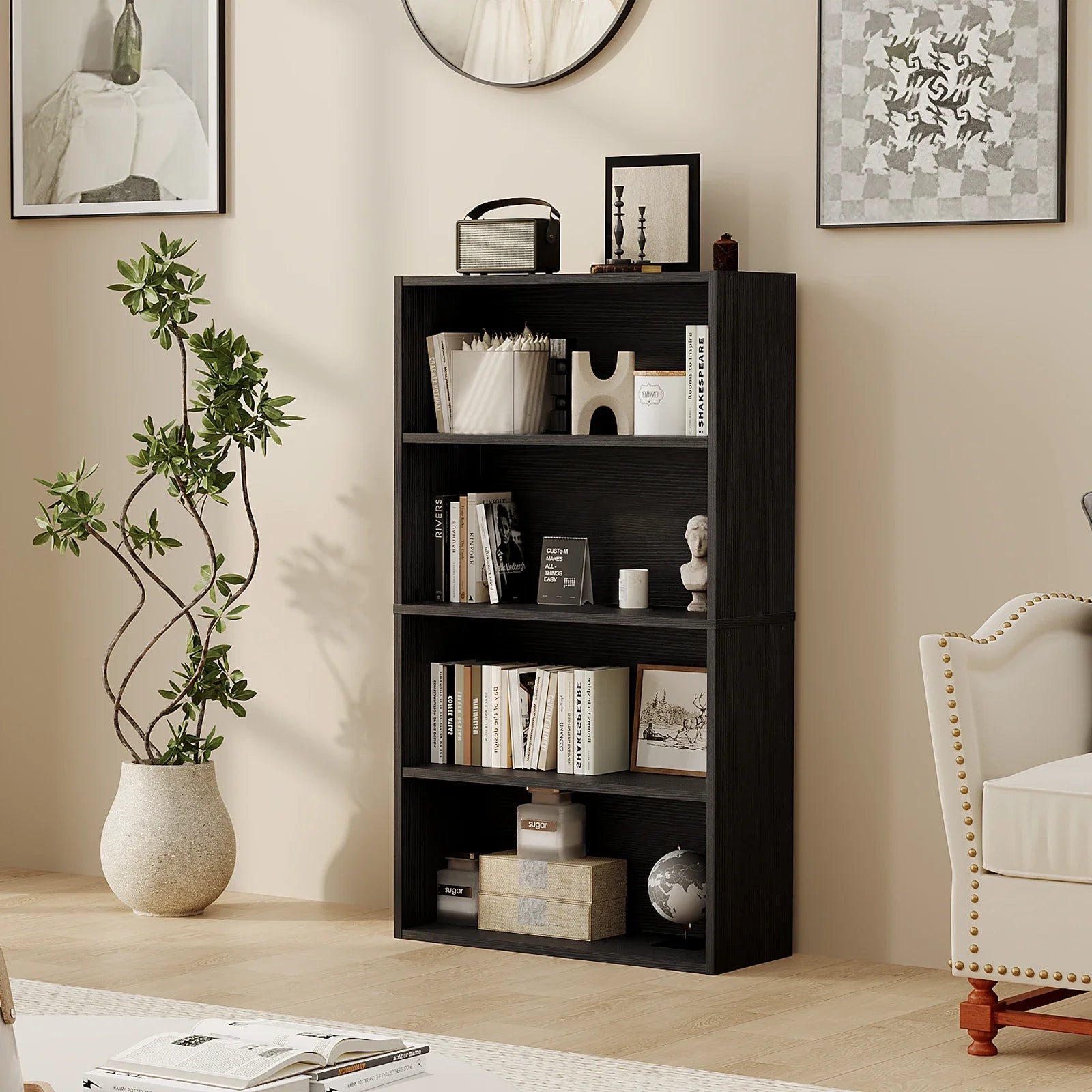 JHK Four Tier Wooden Floor Standing Open Bookshelf For Living Room Home Office