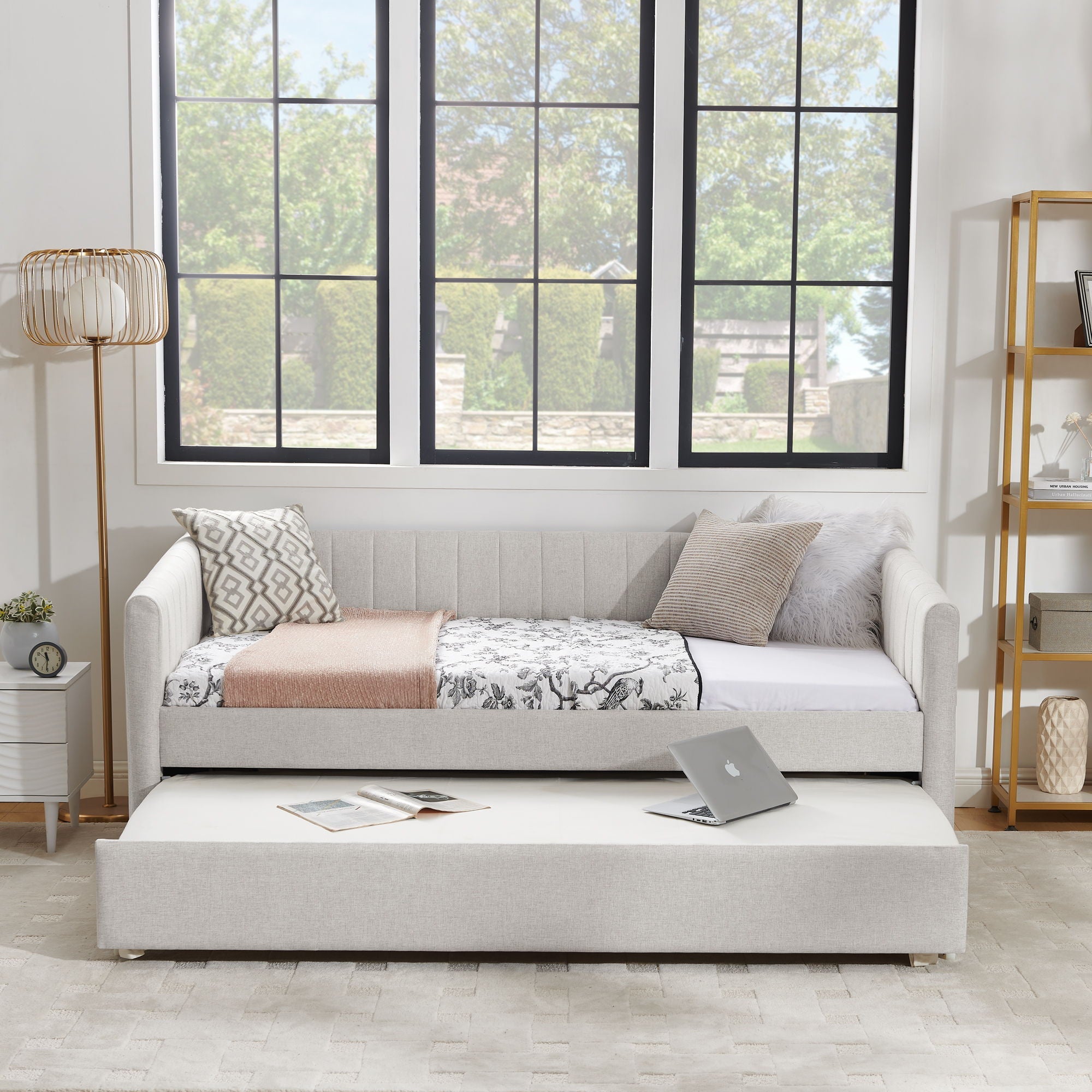 Upholstered Daybed With Trundle With Vertical Stripes