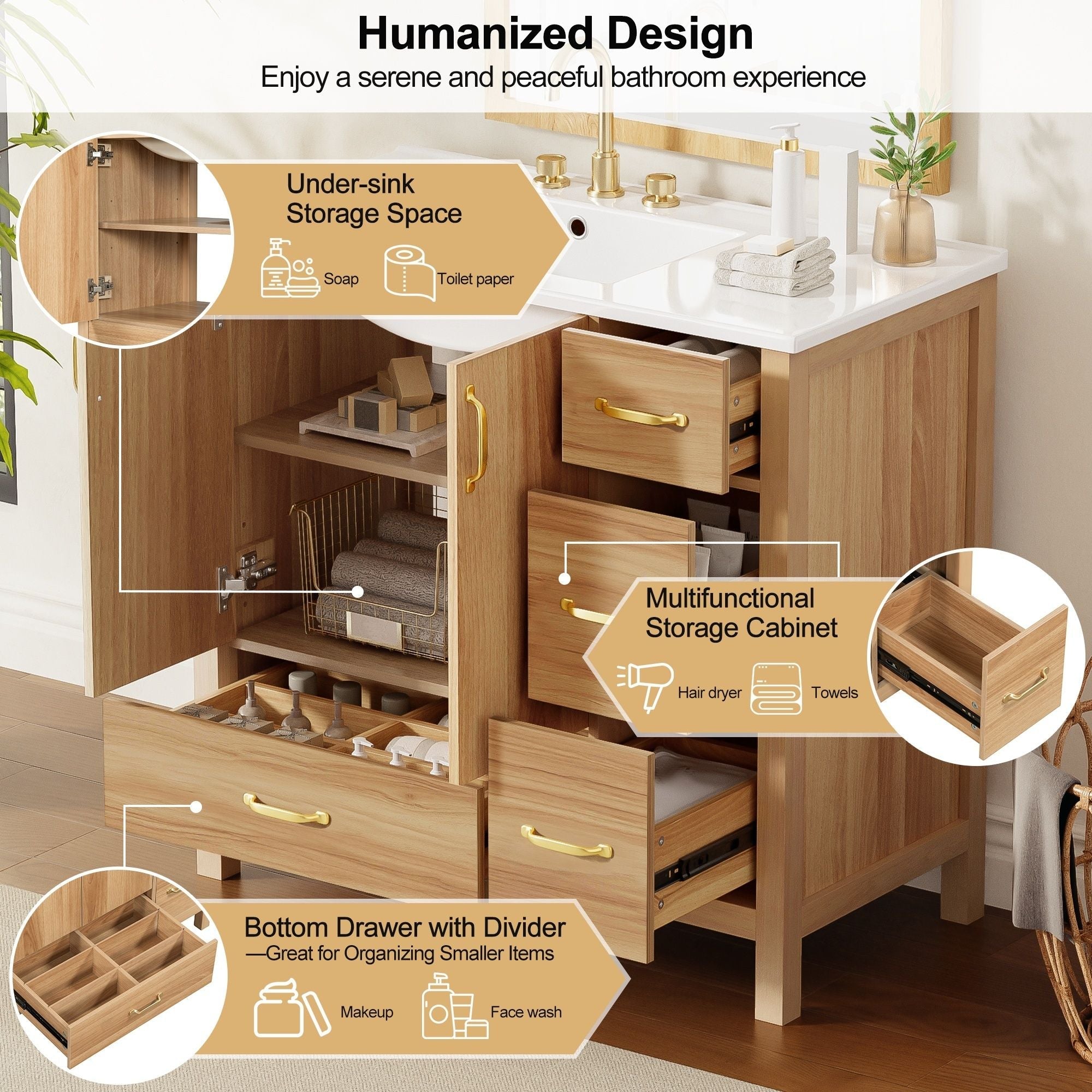 36" Bathroom Vanity, 2 Soft Close Doors, 4 Soft Close Drawers, Adjustable Shelf, Storage Cabinet - Acacia Wood