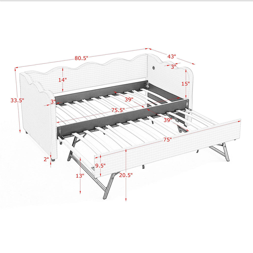 Gingham Daybed With USB Charging Port, Wave-Shaped Design