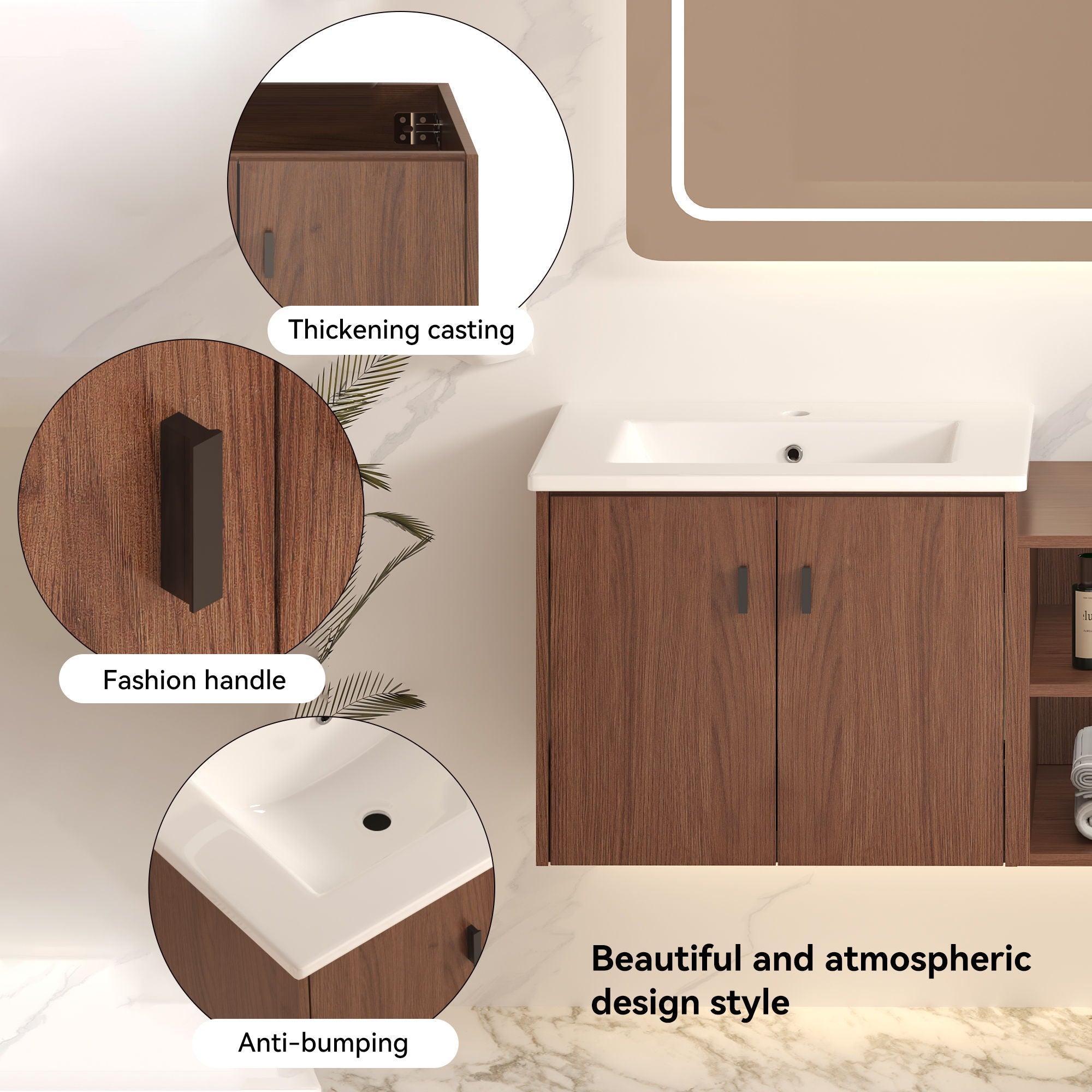 Soft Close Doors Bathroom Vanity With Small Storage Shelves, 24" And 12" Combination Cabinet - Reddish Brown