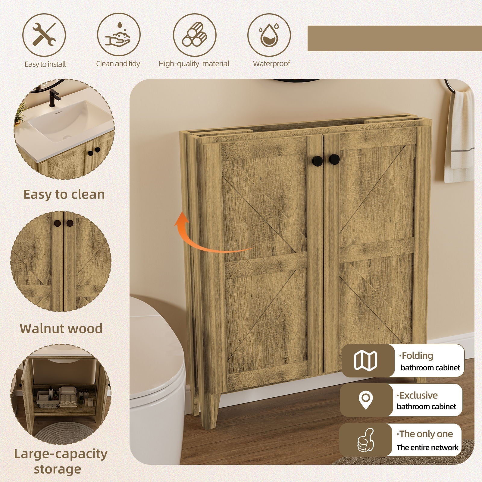 Folding Floor Cabinet With Ceramic Sink, Space Saving