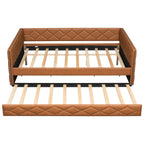 Upholstered Full Long Daybed With Trundle And LED Armrests - Brown